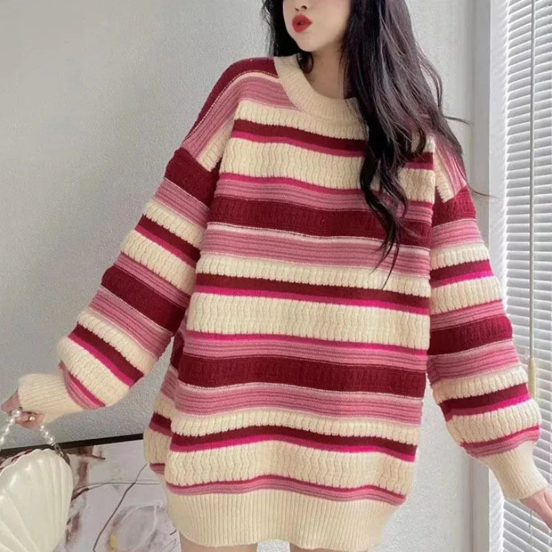 Advbridge Autumn Winter Korean Stripe Fried Dough Twists Sweater Women's 2024 Splice Pullovers O-Neck Fashion Loose Long Sleeve Knit Top Ruffle Neck Pullover