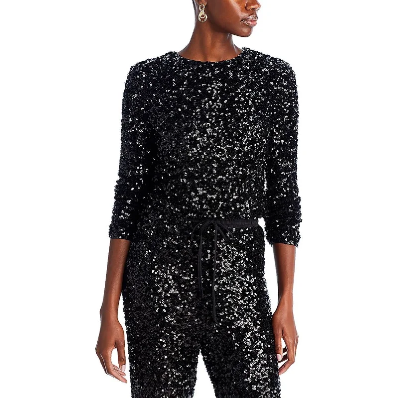 Womens Sequin Long Sleeve Pullover Top Open Neck Pullover