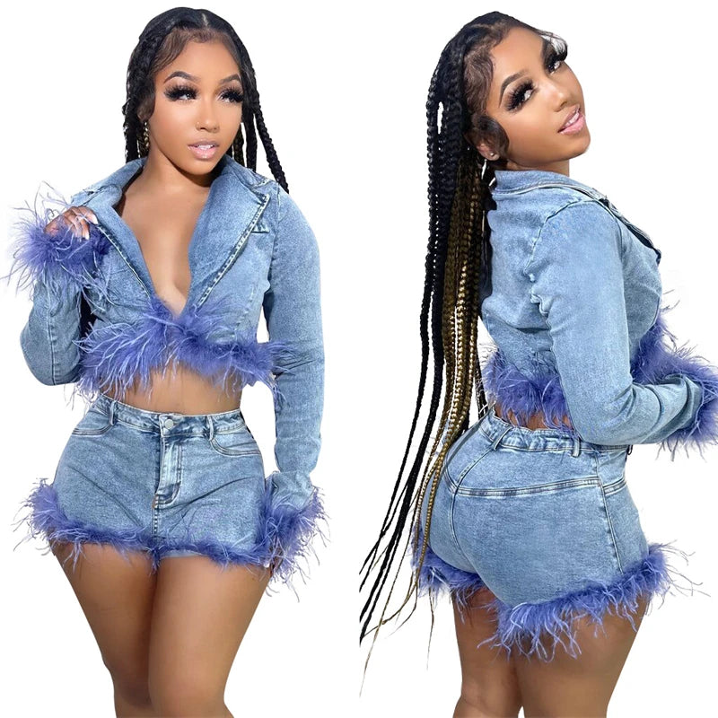 2024 new arrivals luxury elegant women feather denim shorts jackets jeans set clothing outfit clothes for women with feathers V-Neck Jacket Boat Neck Jacket Square Neck Jacket