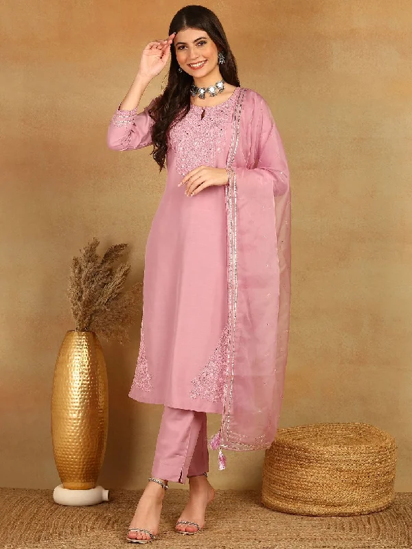 Pink Silk Blend Solid Yoke Design Straight Kurta Trouser With Dupatta Trousers Sale Discount