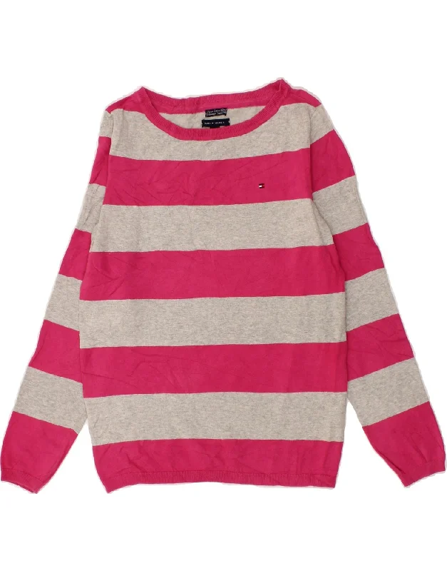 TOMMY HILFIGER Womens Boat Neck Jumper Sweater UK 12 Medium Pink Striped Collared Crew Neck Turtle Neck