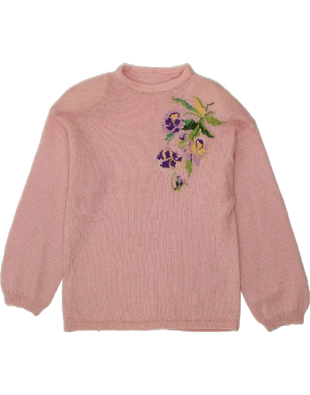VINTAGE Womens Graphic Boat Neck Jumper Sweater UK 16 Large Pink Floral Fleece Fabric Down Fabric Feather Fabric