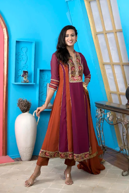 Magenta Georgette Stitched Anarkali Trouser Kurta Dupatta Readymade Suits Trousers Lace Delicate