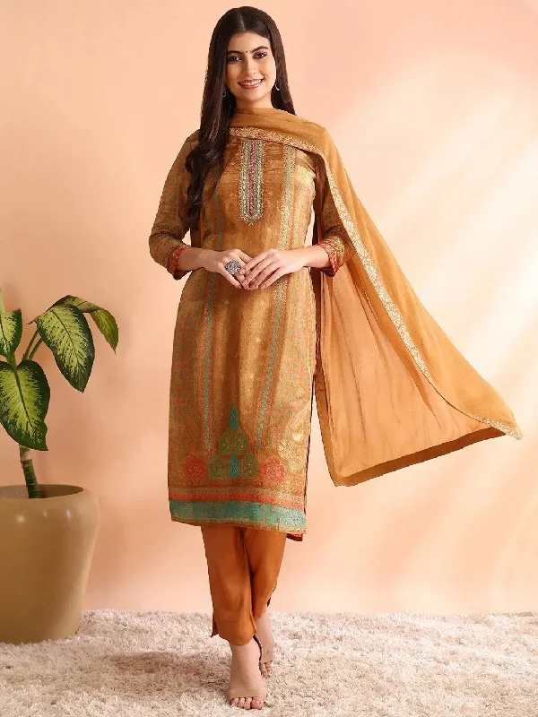 Ahika Women Khaki Silk Blend Geometric Woven Design Straight Kurta Trouser With Dupatta-PKSKD2586 Trousers Running Lightweight