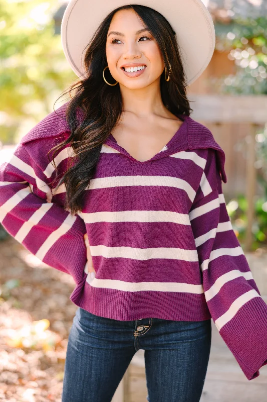 Let Them Know Plum Purple Striped Sweater Terry Blend Velvet Blend Canvas Blend