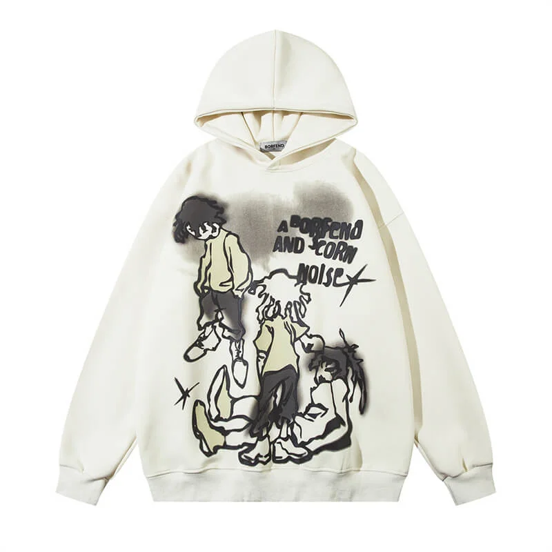 Cartoon Line Characters Print Pullover Hoodie Solo Sleeve Pullover