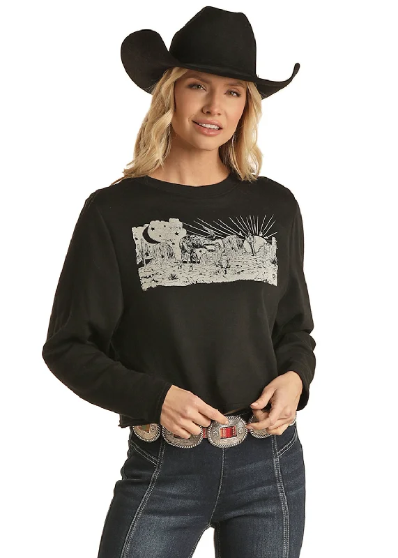 Rock & Roll Cowgirl Women's Graphic Pullover Black Port Neck Pullover