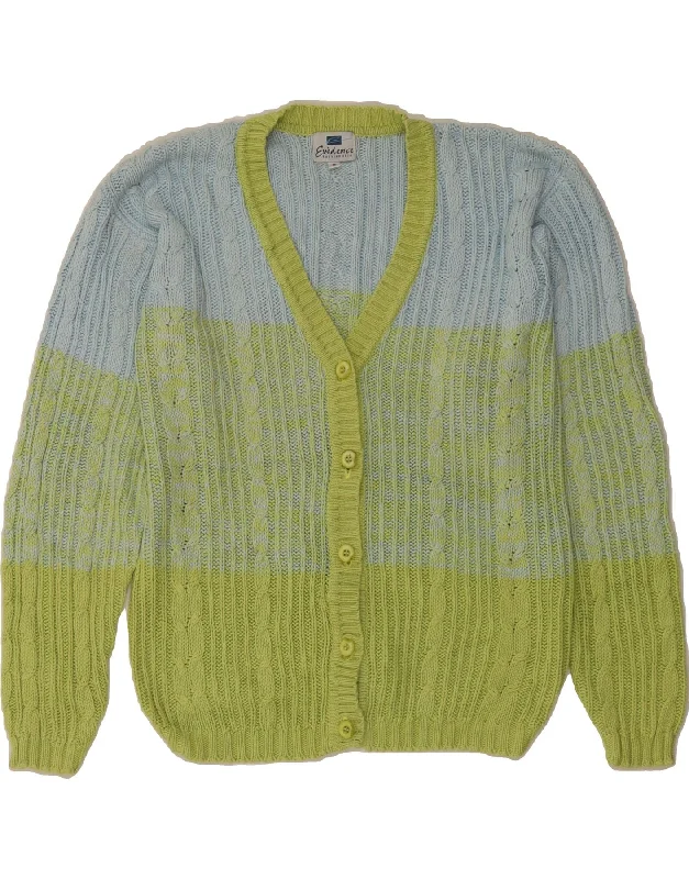VINTAGE Womens Cardigan Sweater UK 10 Small Green Colourblock Cotton Neon Metallic Matte