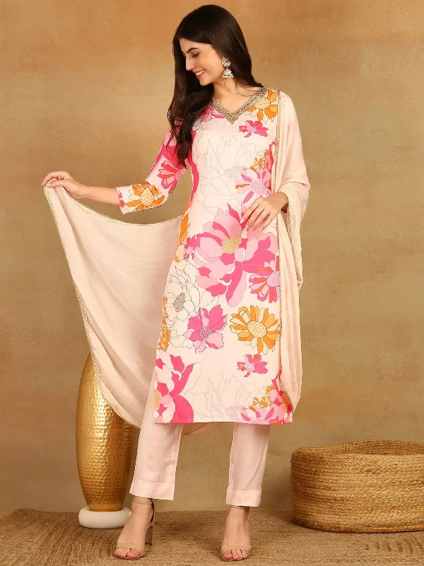 Ahika Women Pink Rayon Blend Floral Printed Straight Kurta Trouser With Dupatta-PKSKD2525LPNK Trousers Prom Sequined