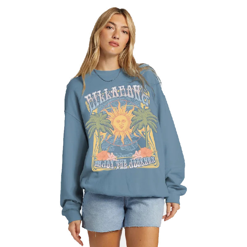 Billabong Ride In Oversized Crewneck Sweater - Blue Shadow Cable Knit Ribbed Knit Lace Knit