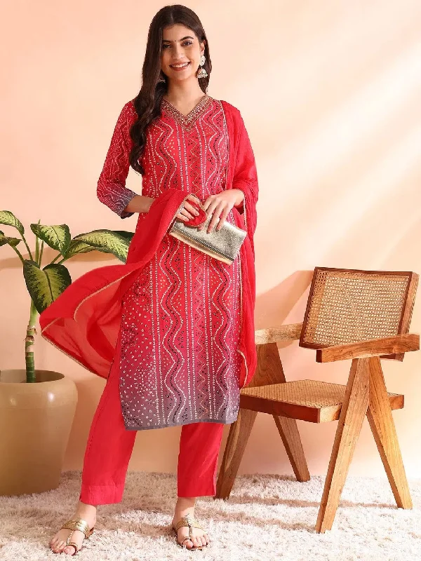 Ahika Women Red Silk Blend Bandhani Printed Straight Kurta Trousers With Dupatta-PKSKD2484 Trousers Striped Patterned
