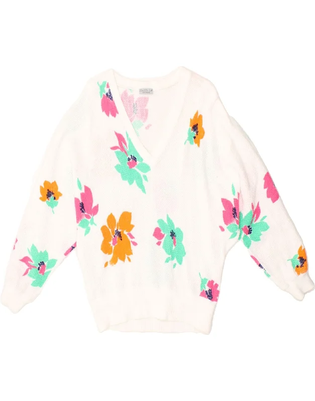 GOLDEN CUP Womens V-Neck Jumper Sweater EU 38 Medium White Floral Notch Collar Peter Pan Collar Cowl Neck
