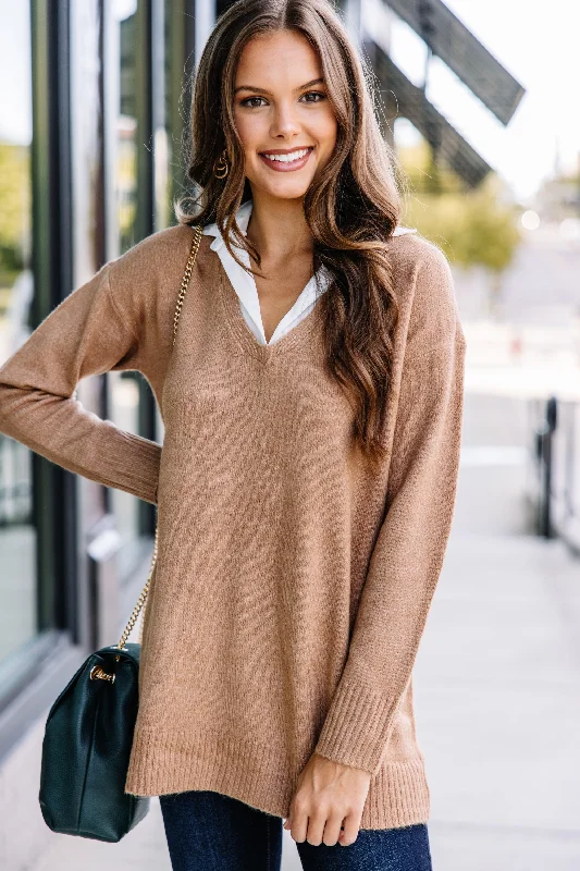 Top Of The Class Camel Brown Sweater Hooded Caped Shawl Collar