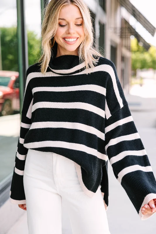 Listen To Me Black Striped Sweater Zippered Buttoned Snapped