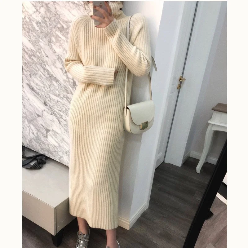 WILUXE  long female solid High collar Cashmere blended Sweater dress color pulloverknit knee Wool Sexy Solid Robe Long Knitted Office Modern Contemporary Chic