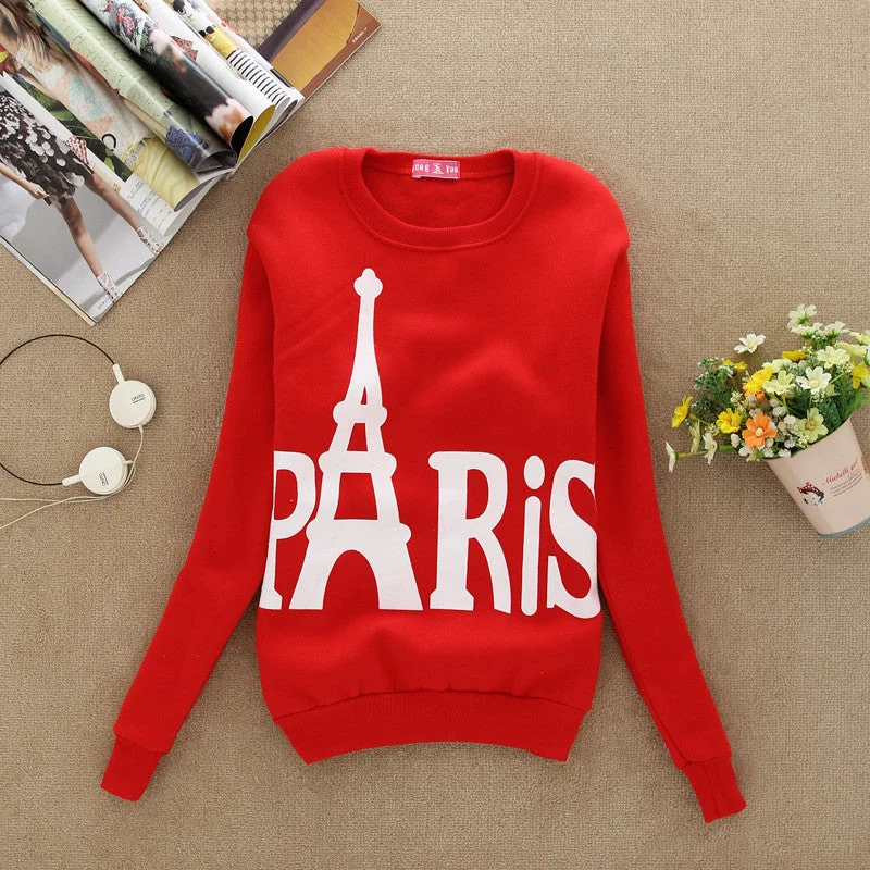 Fashion Spring Fall Women's Wear Long Sleeved Slim Sweatshirts Printed Paris Pullover Sweatshirts Student Clothing Mock Neck Pullover