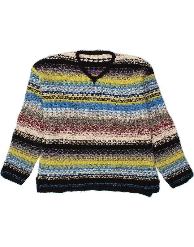 VINTAGE Womens V-Neck Jumper Sweater UK 16 Large Multicoloured Striped Knit Fabric Woven Fabric Fleece Fabric