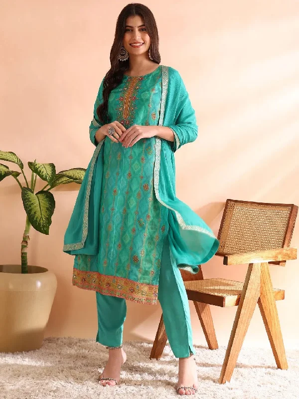 Ahika Women Sea Green Silk Blend Ethnic Motifs Woven Design Straight Kurta Trousers With Dupatta-PKSKD2581 Trousers Floral Bohemian