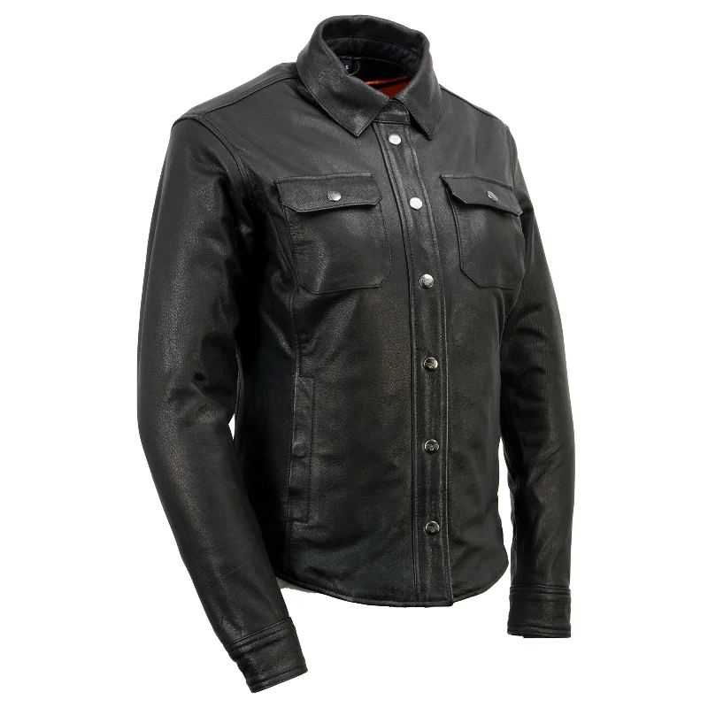 Milwaukee Leather | Black Women's Genuine Leather Shirt Jacket w/ Removable Liner and Reflective Trim - MLL2600 Appliqued Jacket Beaded Jacket Sequined Jacket