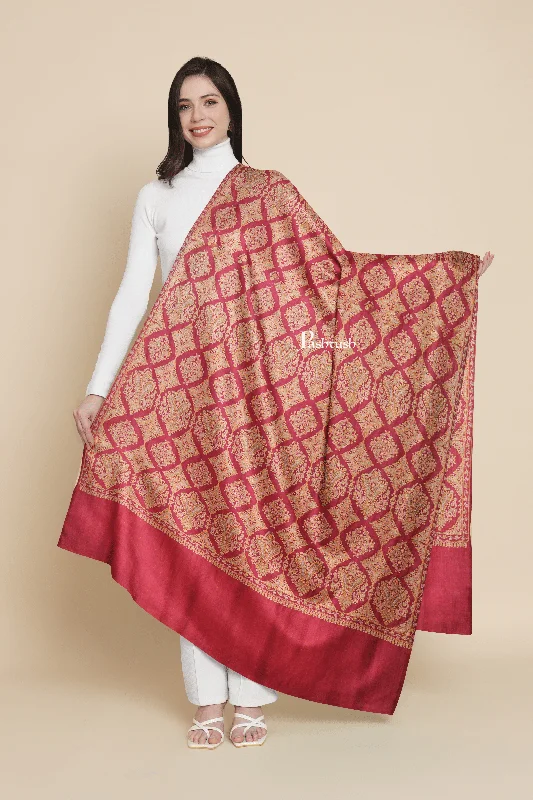Pashtush Womens Extra Fine Wool Shawl, Embroidery Kashmiri Jaal Design, Maroon Soft Cotton Shawl Cape