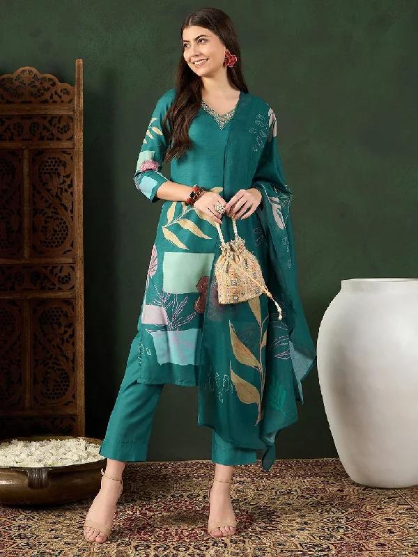 Teal Silk Blend Floral Printed Straight Kurta Trouser With Dupatta Trousers Elastic Waist Soft