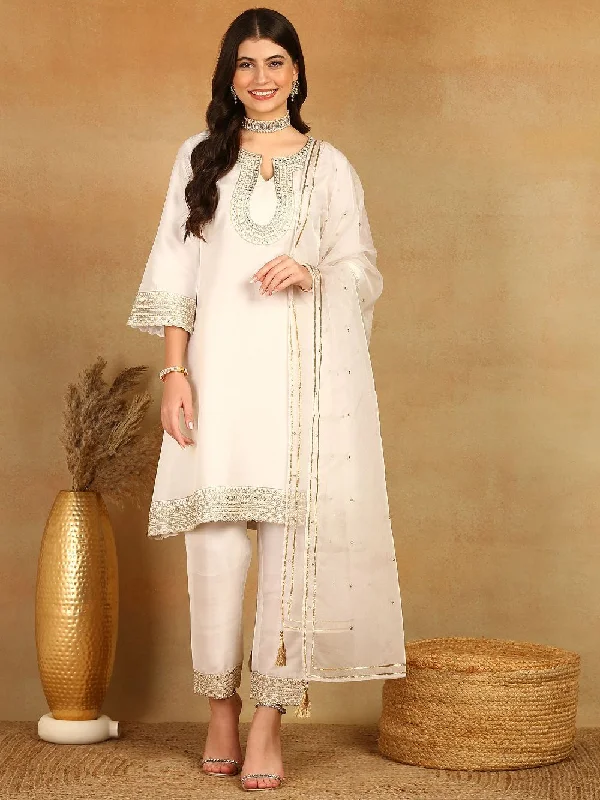 White Silk Blend Solid Embroidered A-Line Kurta Trouser With Dupatta Trousers New Arrival