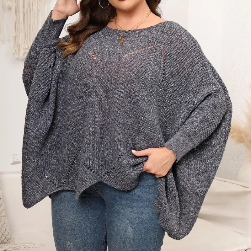 FZ Women's Plus Size Loose Woven Idle Pullover Top Scalloped Neck Pullover