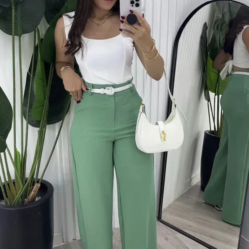 Advbridge business casual women outfits chic Solid Color Square Collar Sling Simple Elegant Top with High Waist Wide Leg Straight Trousers Two-Piece Set Trousers Occasion Special