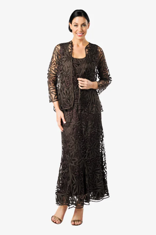 Soulmates D9122 Flower Embroidered Lace Jacket Top and Skirt Set A-Line Jacket Boat Neck Shawl Collar
