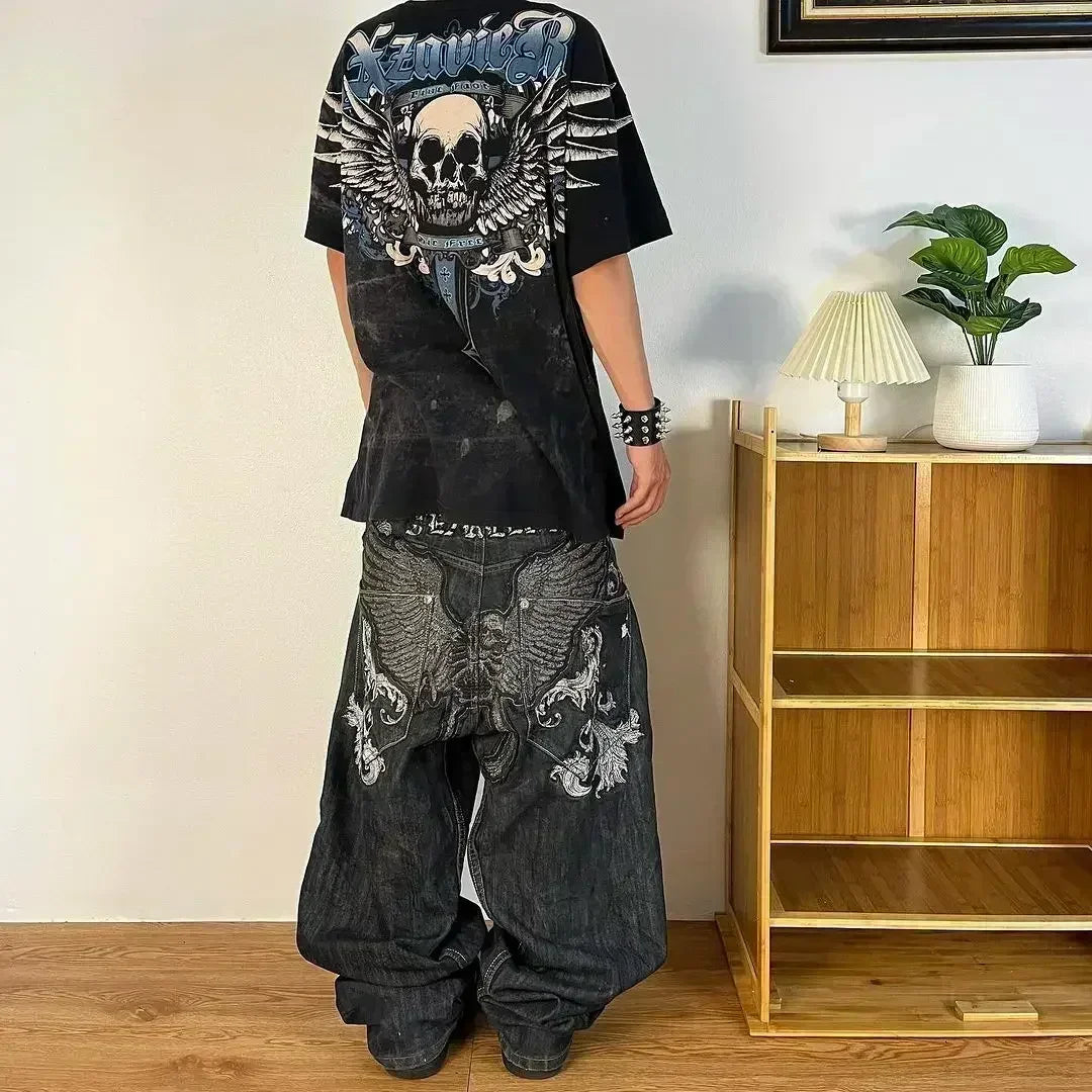 Advbridge 2024 New American Retro Skull Wings Embroidered Baggy Jeans Men And Women Y2K Harajuku Hip-hop Gothic Wide Trousers Streetwear Trousers stylish elegant