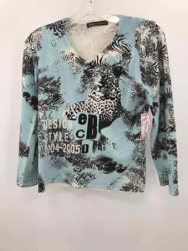 Pre-Owned Mechant Blue Size Small Printed Beaded Sweater Tailored Straight A-Line