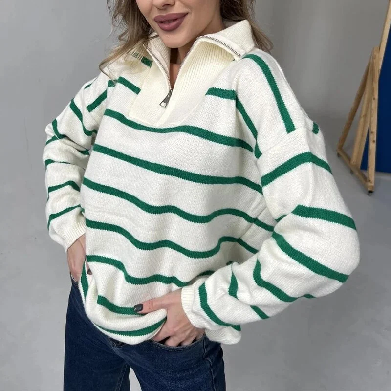 Advbridge Female Autumn Long Sleeve Knit Pullovers Winter Office Striped Sweatshirts Casual Women Zipper Loose Turtleneck Sweater Jumper Fleece Warm Pullover