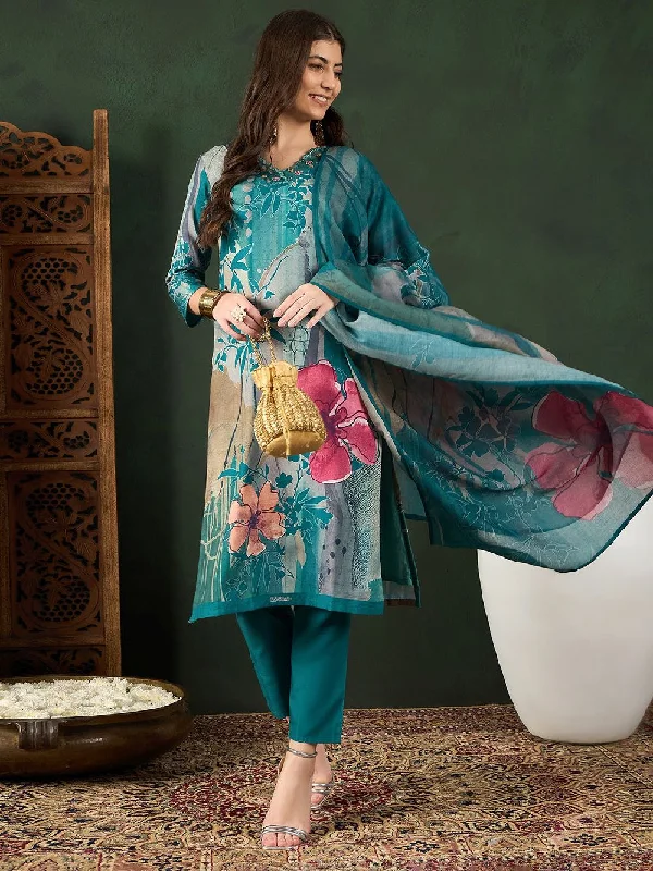 Teal Silk Blend Floral Printed Straight Kurta Trouser With Dupatta High Waist Slim Fit Ankle Length