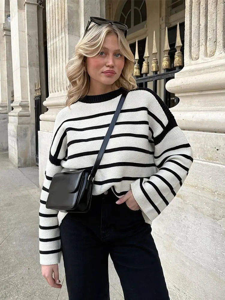 Advbridge Color Contrast Striped Knitted Sweater For Women Casual Crew Neck Long Sleeve Pullover Female Oversized Street Jumpers Button Front Sweater