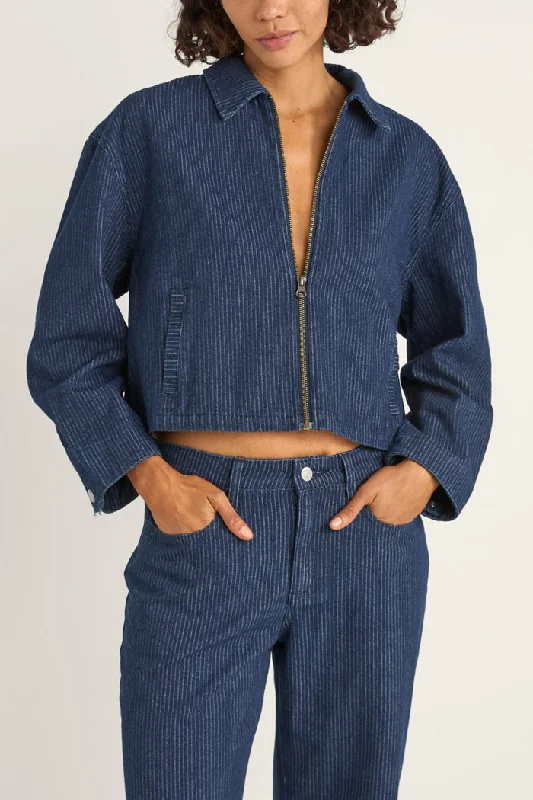 Rhythm Pinstripe Cropped Jacket - INDIGO Wool Fabric Cashmere Fabric Tweed Fabric