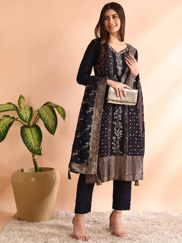 Ahika Women Navy Blue Chanderi Cotton Solid Woven Design Straight Kurta Trouser With Dupatta-PKSKD2592 Trousers Evening Elegant