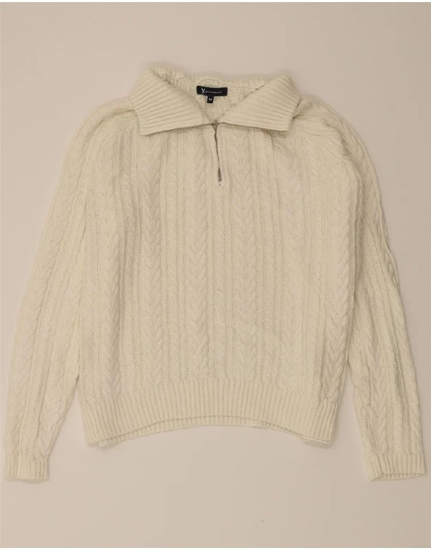 CREW CLOTHING Womens Zip Neck Jumper Sweater UK 14 Large Off White Cotton Stylish Fashionable Trendy