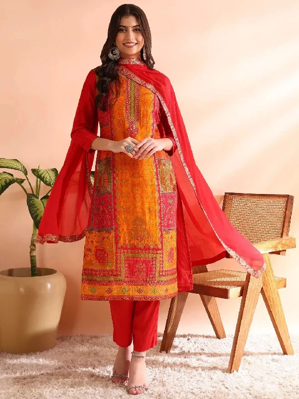 Ahika Women Red Chanderi Silk Ethnic Motifs Woven Design Straight Kurta Trousers With Dupatta-PKSKD2585 Trousers Denim Blue