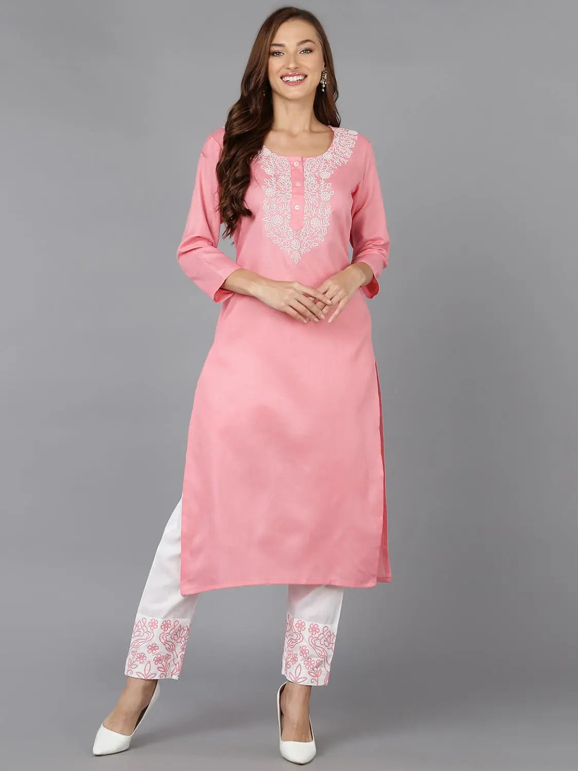 Ahika Women Cotton Blend Embroidered Kurta Trouser-VKSET1382_XS Chinos Cotton Straight Leg