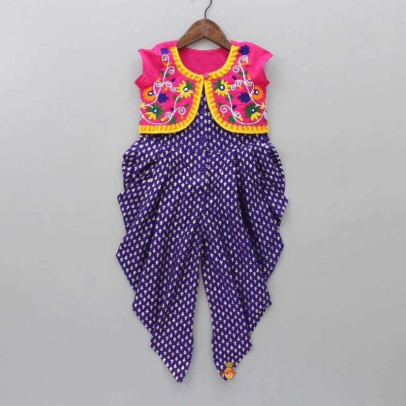 Foil Printed Dhoti Style Jumpsuit With Embroidered Jacket Ribbed Jacket Pleated Jacket Ruffled Jacket