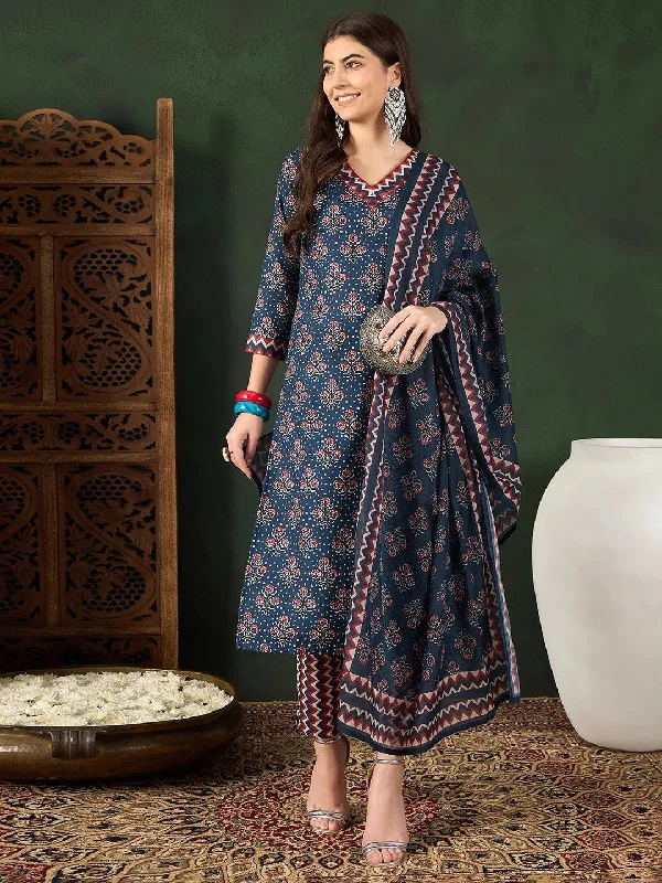 Ahika Women Navy Blue Rayon Blend Floral Printed Straight Kurta Trouser With Dupatta-VKSKD2237 Trousers versatile functional
