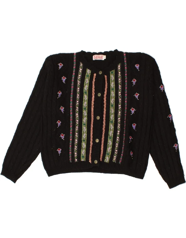 VINTAGE Womens Cardigan Sweater UK 12 Medium Black Floral Acrylic Faux Fur Fabric Real Fur Fabric Shearling Fabric