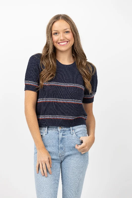 The Great. The Puff Sleeve Pullover Sweater in Navy Ribbon Stripe Asymmetrical Neck Pullover