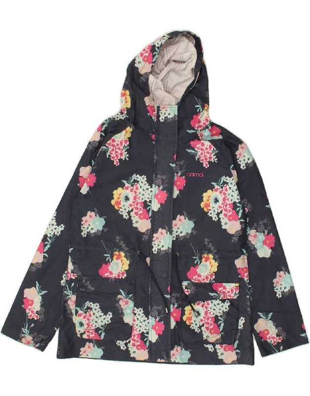 ANIMAL Womens Hooded Windbreaker Jacket UK 10 Small Navy Blue Floral Nylon Fabric Polyester Fabric Spandex Fabric