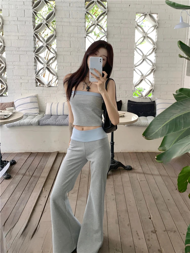 Advbridge 2024 New Temperament Fashion Gyaru Set Women Summer Contrast Color Tube Top Vest Slightly Flared Trousers Two-piece Set Fashion Trousers cozy comfortable