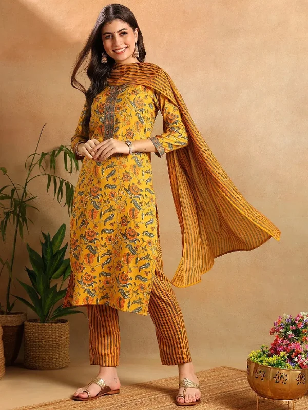 Ahika Women Yellow Rayon Blend Floral Printed Straight Kurta Trousers With Dupatta-VKSKD2256 Trousers stylish elegant