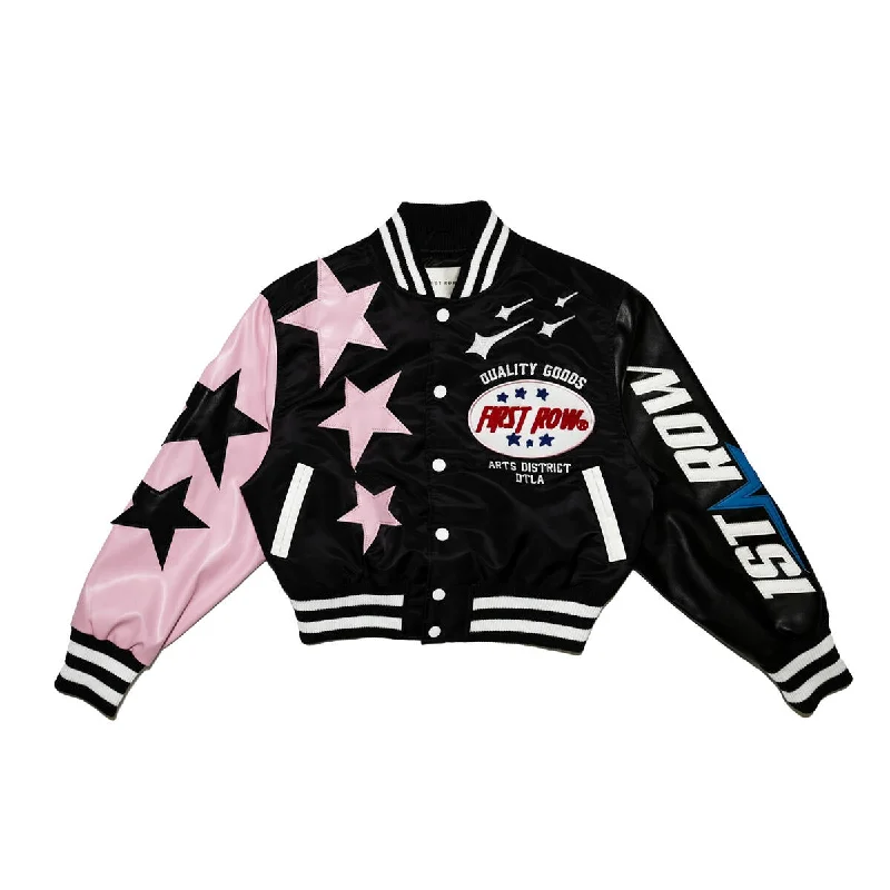 First Row Stars "Black Women's Varsity Jacket" Denim Fabric Leather Fabric Suede Fabric