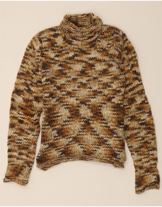 COLUMBIA Womens Roll Neck Jumper Sweater UK 14 Medium Brown Argyle/Diamond Layered Multi-layer Single Layer