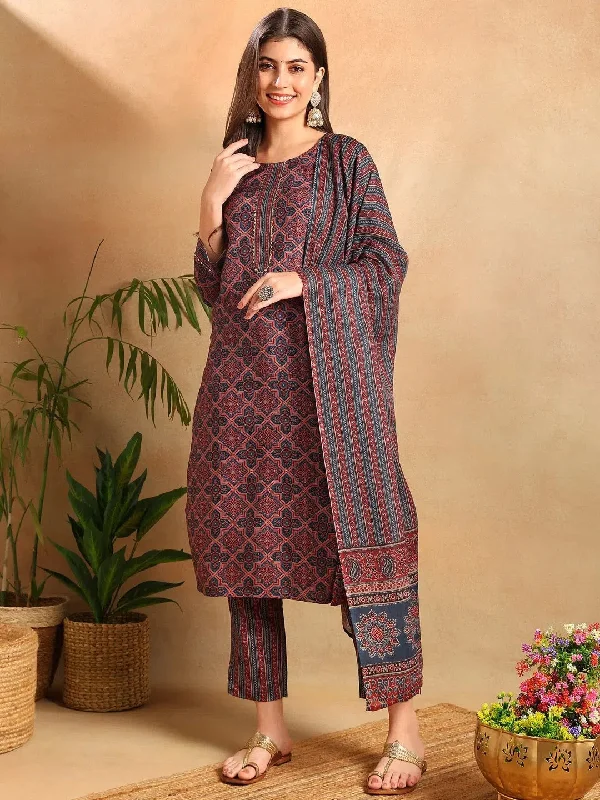 Ahika Women Blue Rayon Blend Ethnic Motifs Printed Straight Kurta Trousers With Dupatta-VKSKD2247 Trousers sophisticated sleek
