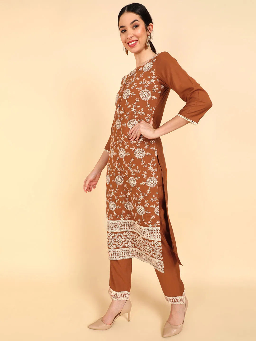 Ahika Poly Silk Embroidered Kurta Trousers With-PKSKD1340A_XS Cropped Trousers Casual Linen